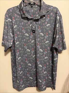 Bad Birdie Gray Floral Polo with Red & White Accents